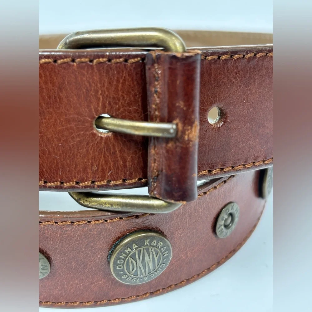 DKNY Leather Riveted Logo Belt Brown Brass‎ Vintage Size Small